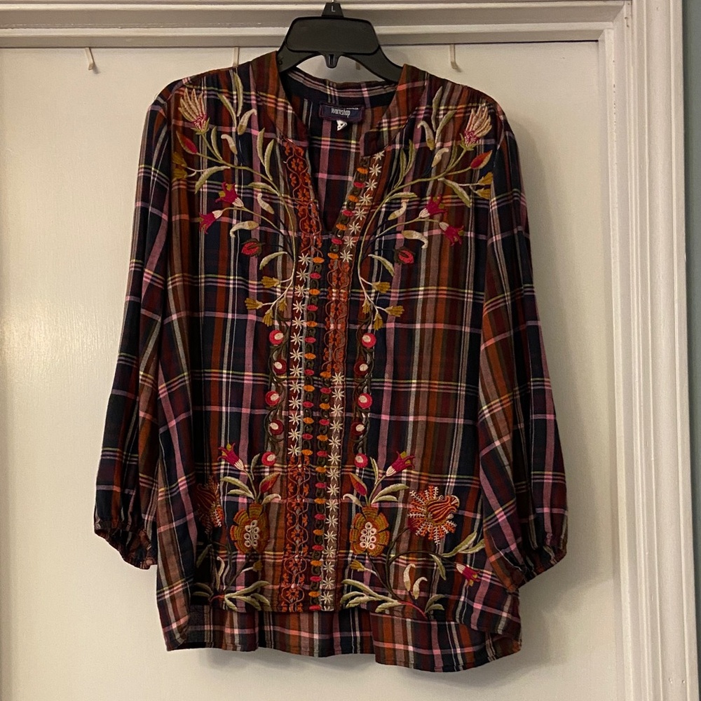 Johnny Was Plaid Blouse with Floral Embroidery